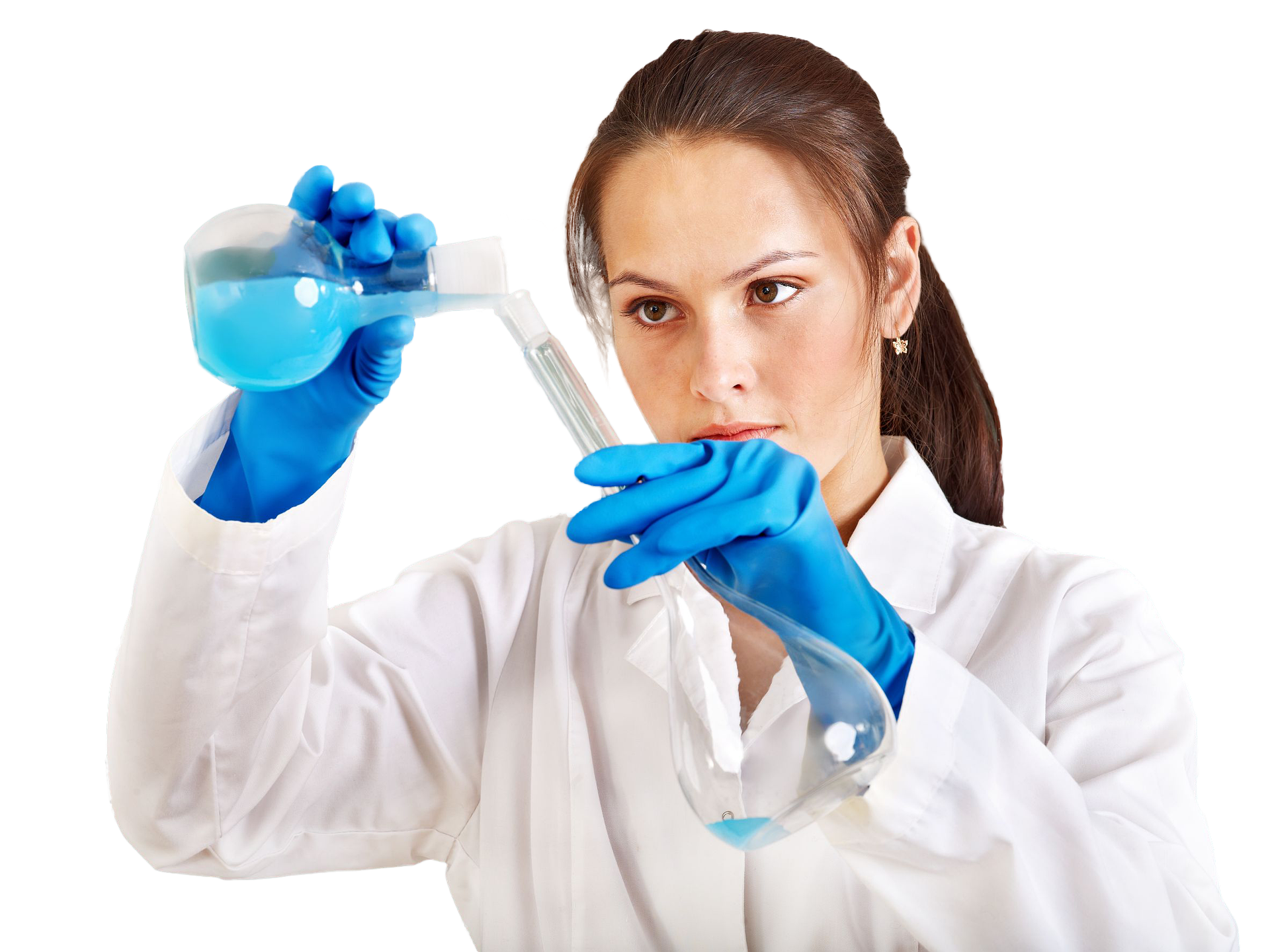 Woman with a brown ponytail in a lab coat pouring blue liquid from a beaker into a test tube.
